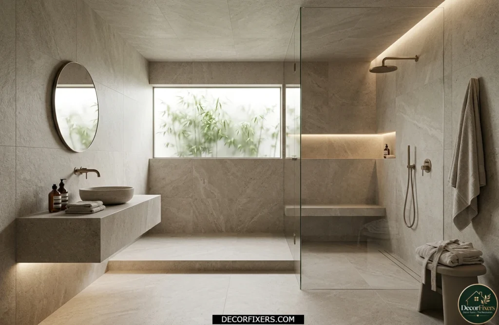 Floor-to-ceiling tile drenching creating a seamless spa bathroom