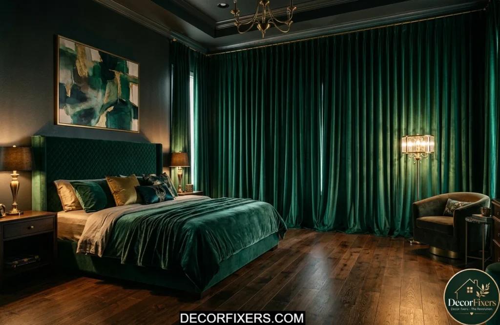 Emerald velvet floor-to-ceiling curtains in a luxurious master bedroom