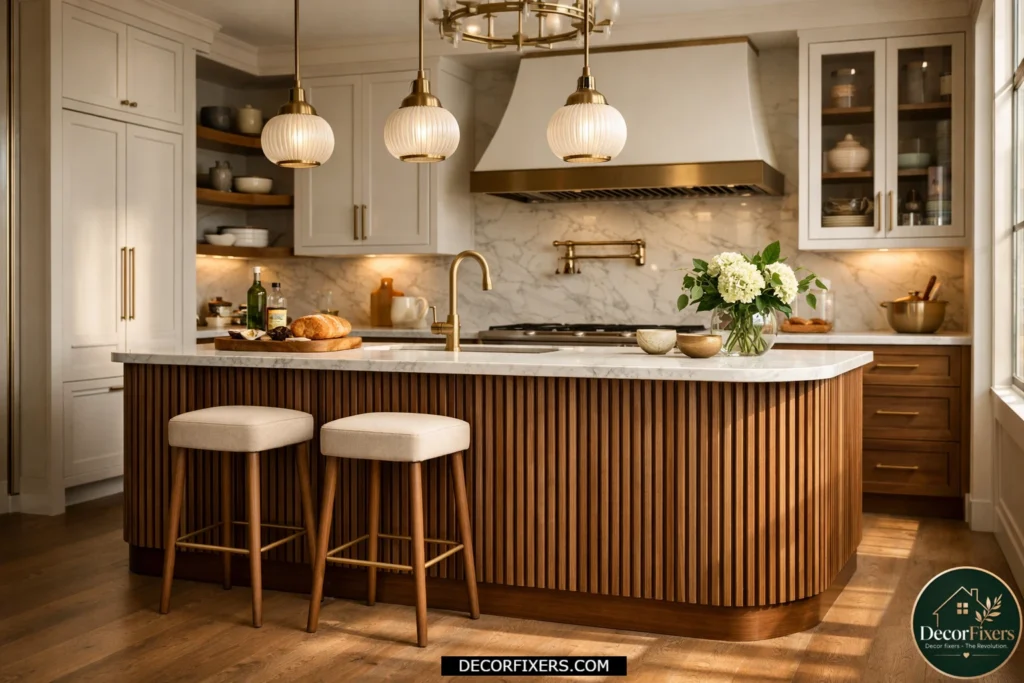 Modern kitchen island featuring elegant fluted cabinet doors