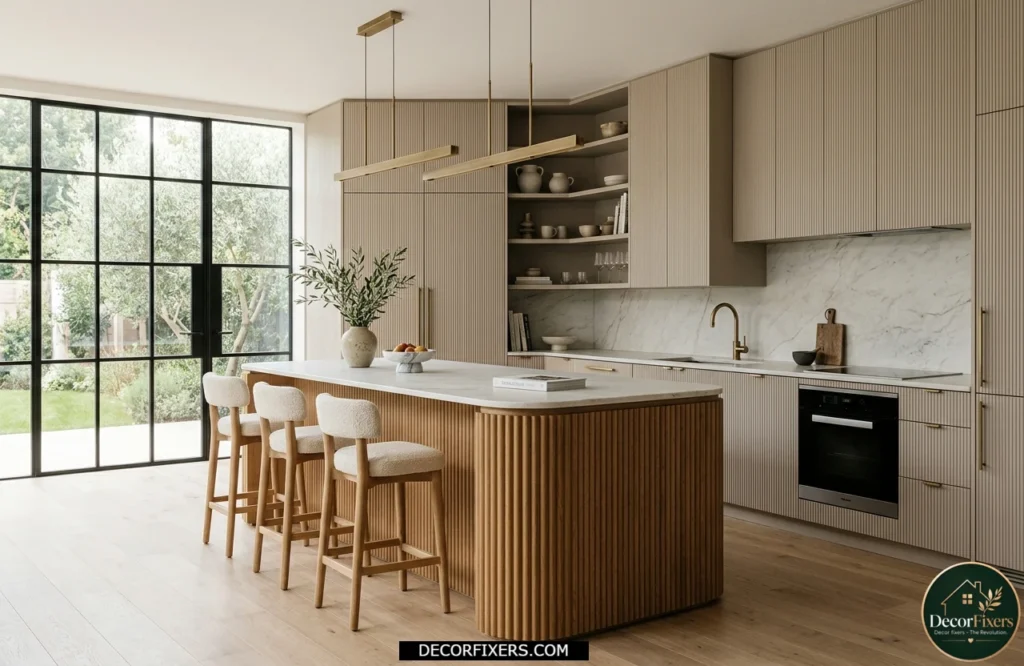 Fluted kitchen island with vertical wood detailing and modern designer texture.