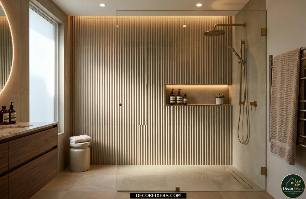 Fluted 3D shower tiles creating texture and shadow effects