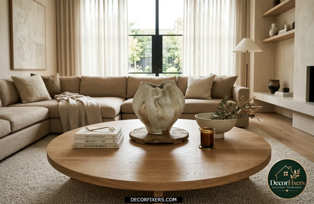 Large sculptural centerpiece serving as the focal point of a stylish round coffee table arrangement.