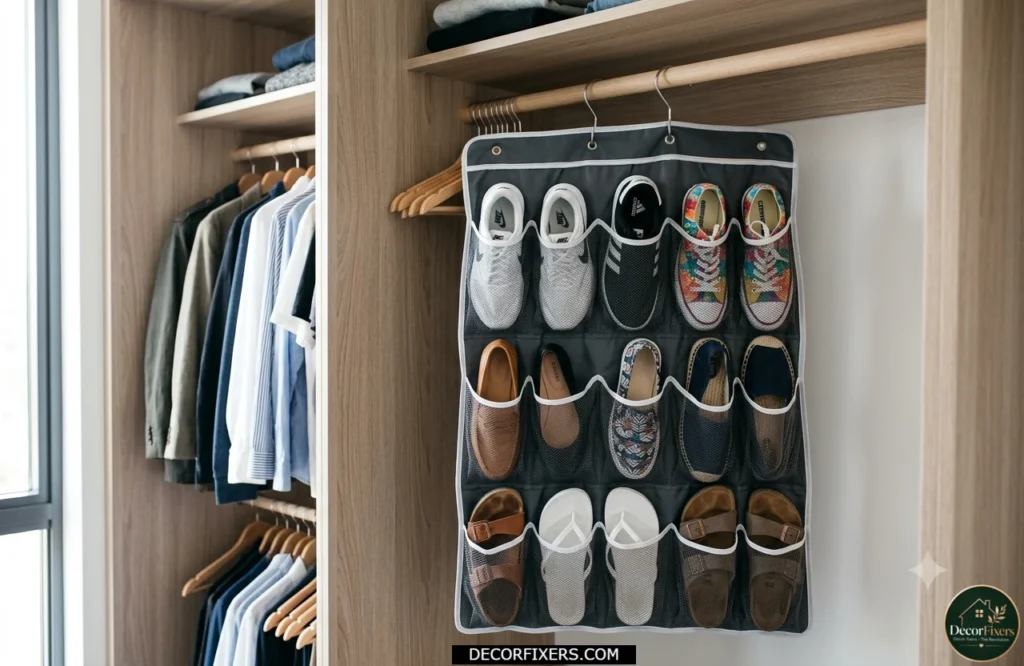 Foldable hanging shoe caddy maximizing vertical closet space