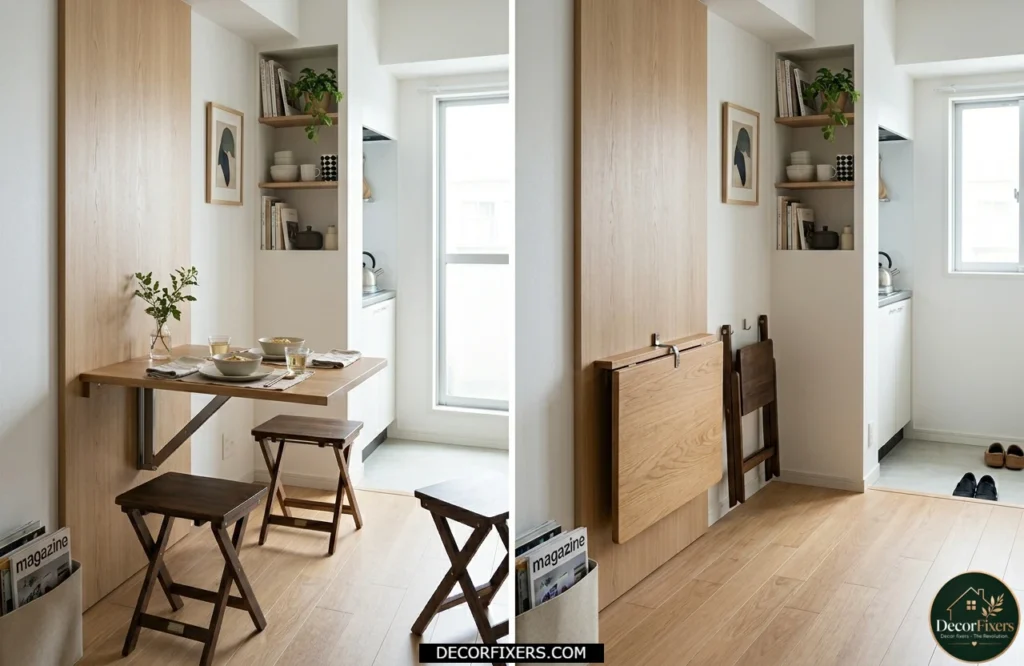 Foldaway wall-mounted dining table saving floor space in tiny homes