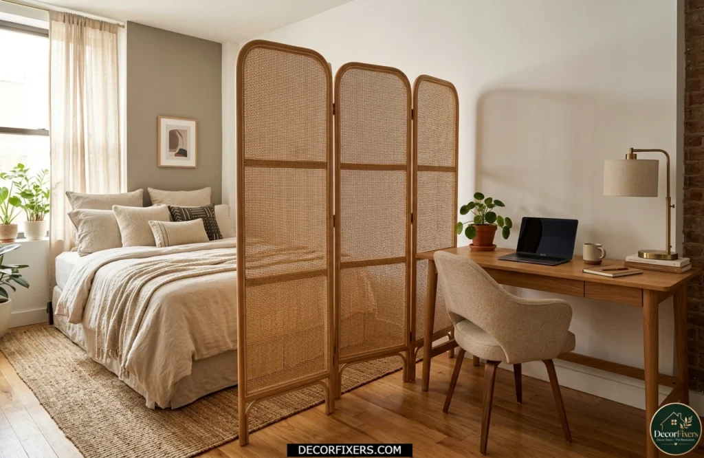Folding screen divider creating privacy between bedroom and workspace in a small apartment