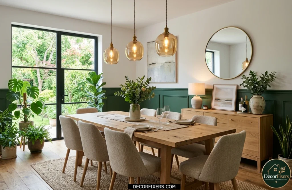 Forest green dining room color idea with two-tone walls and natural wood furniture
