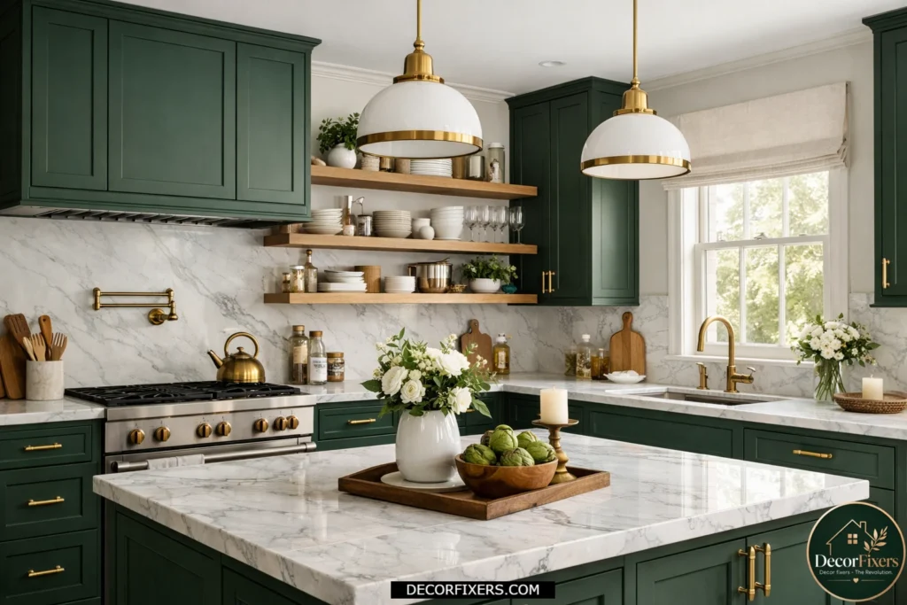 Forest green kitchen cabinets paired with brass accents and marble counters