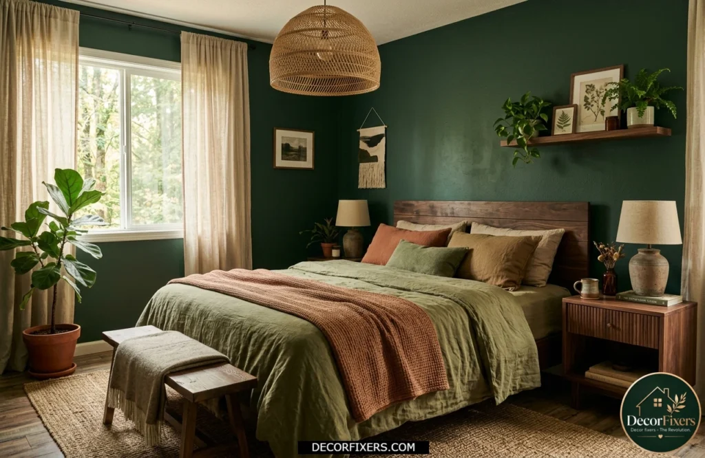 Forest green bedroom with walnut furniture, natural linen bedding, and earthy organic styling