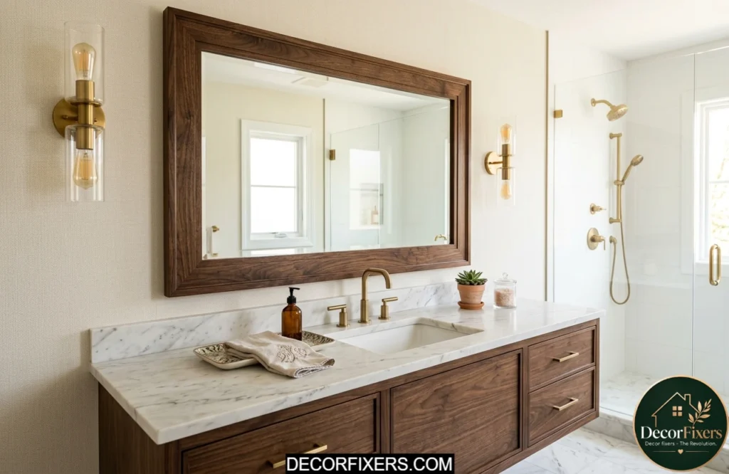 Bathroom vanity mirror upgraded with a custom wood frame for a designer look