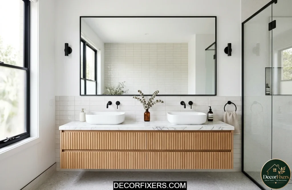 Framed bathroom mirror creating expensive designer look