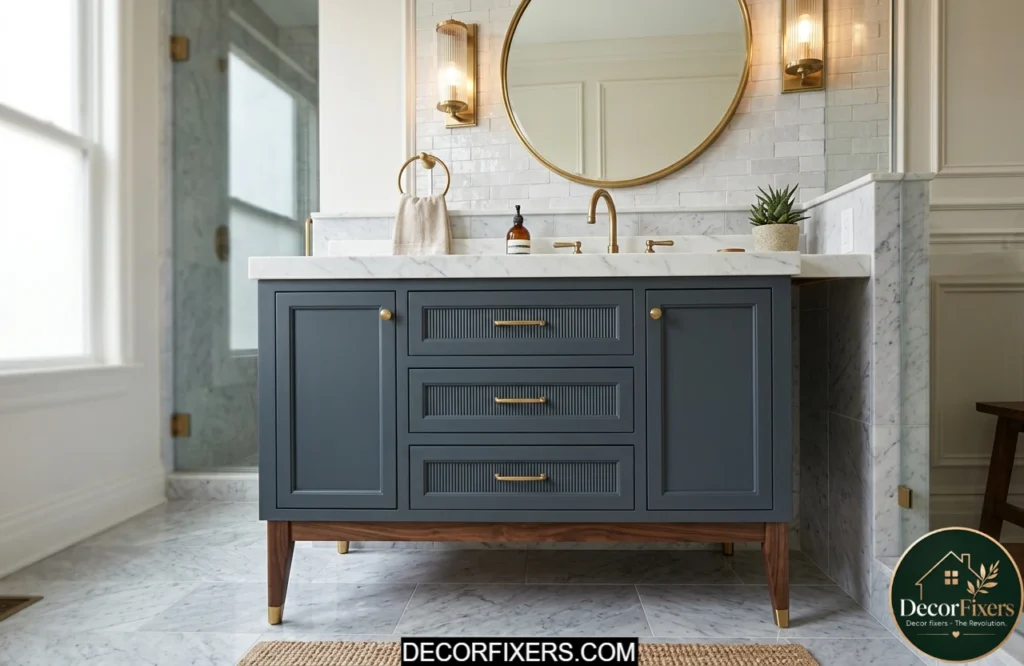 Bathroom vanity transformed into a freestanding furniture-style piece with wood legs