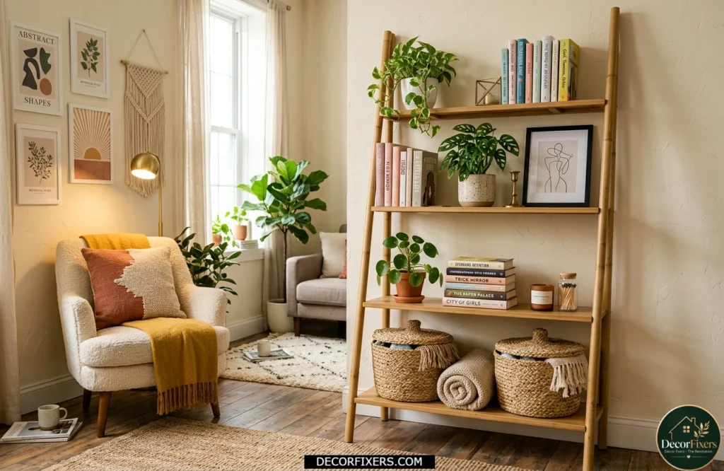Freestanding ladder shelf with decorative baskets for stylish storage