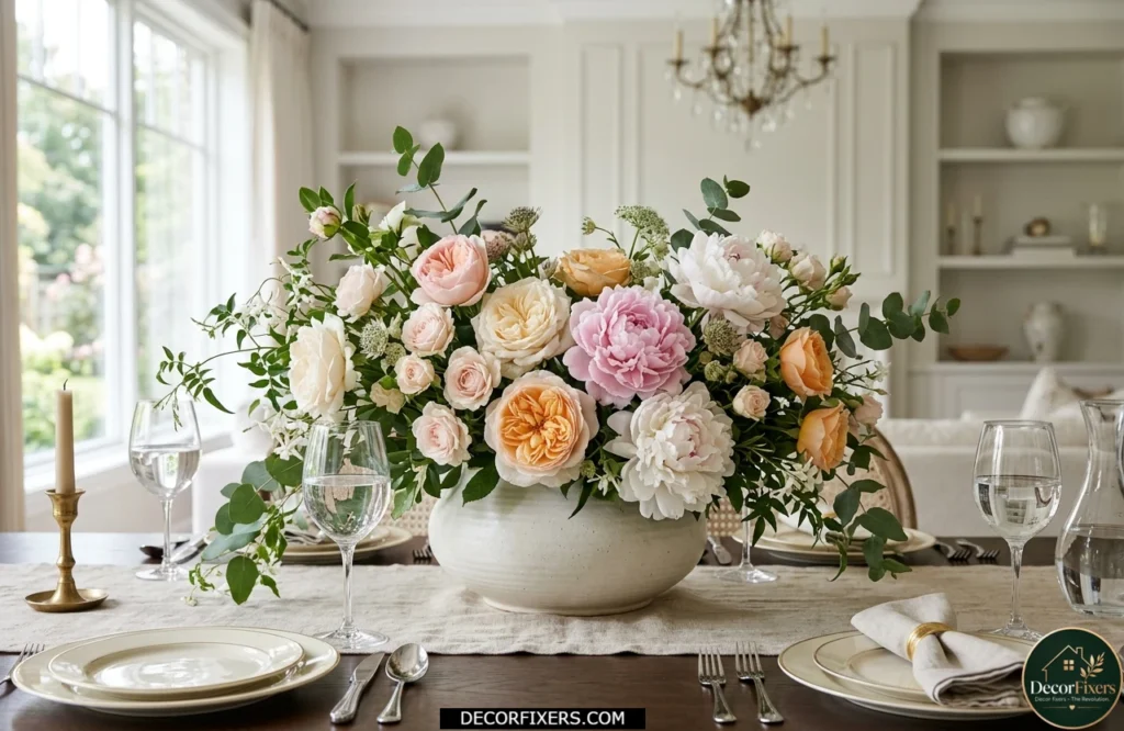 Fresh flower centerpiece with roses and peonies arranged in a low dining table vase
