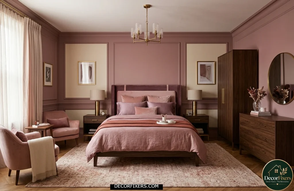 Fully styled adult pink bedroom with layered shades of blush, mauve, and dusty rose.