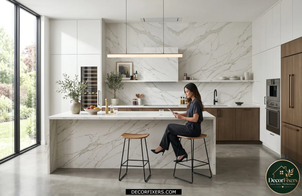 Seamless quartz slab backsplash with dramatic veining in a contemporary kitchen.