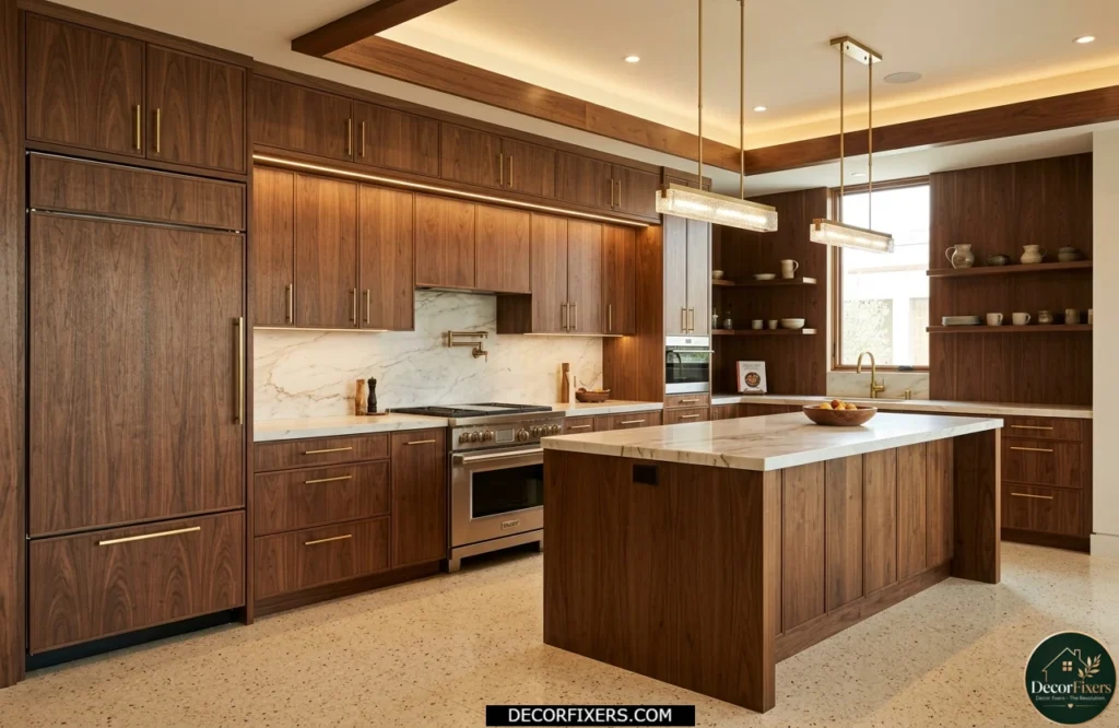 Full walnut kitchen cabinetry with terrazzo flooring, brass hardware, and warm pendant lighting.