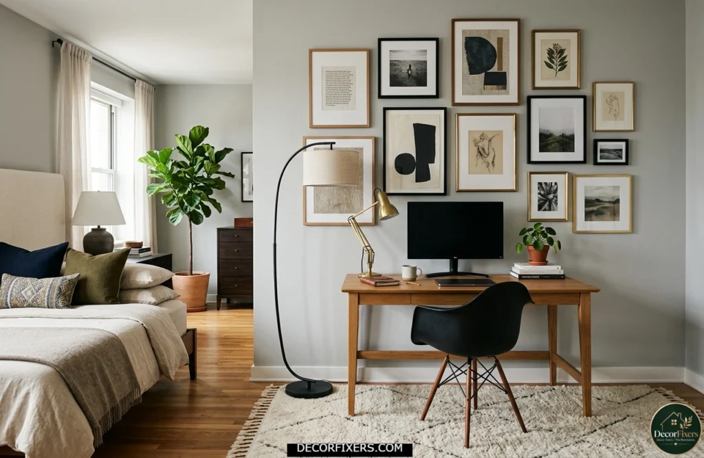 Gallery wall creating a visual bedroom zone without a physical divider