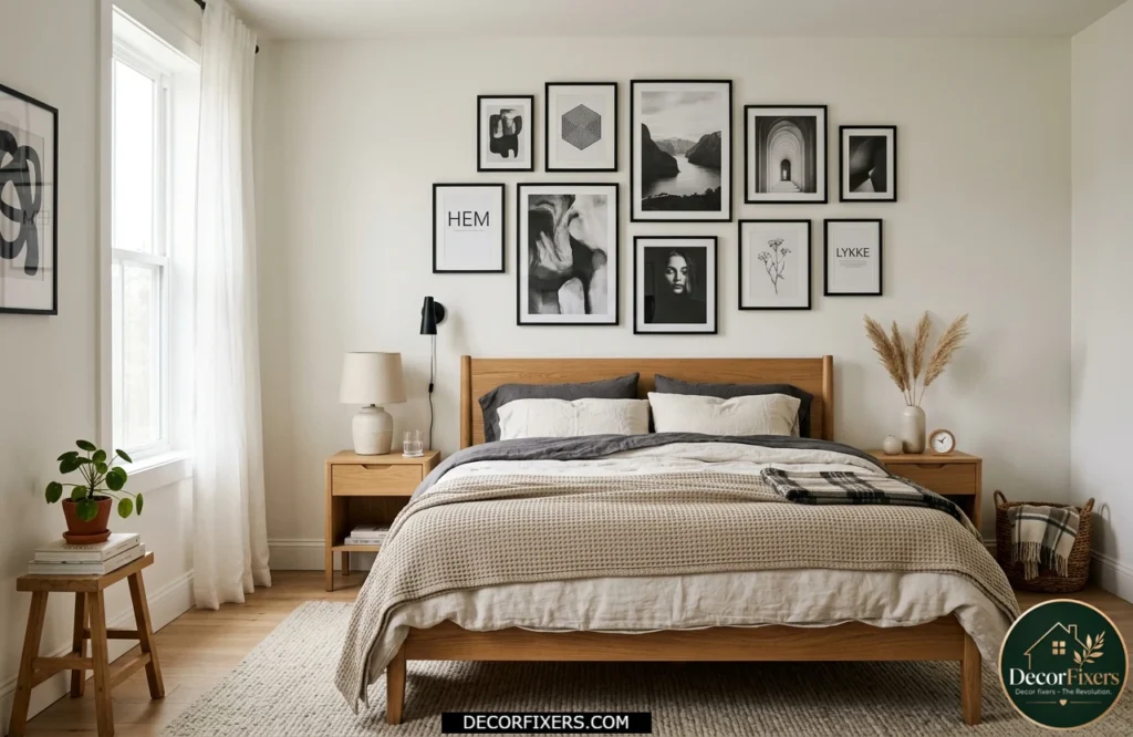 White Scandinavian bedroom featuring a curated black-and-white gallery wall display.