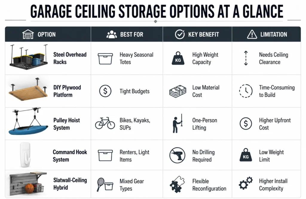 Comparison chart of garage ceiling storage options showing overhead racks, DIY platforms, pulley hoists, command hooks, and slatwall systems with benefits and limitations.