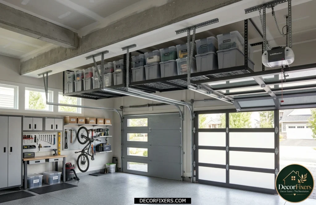 Low-profile storage bins installed above a garage door track to utilize wasted ceiling space.