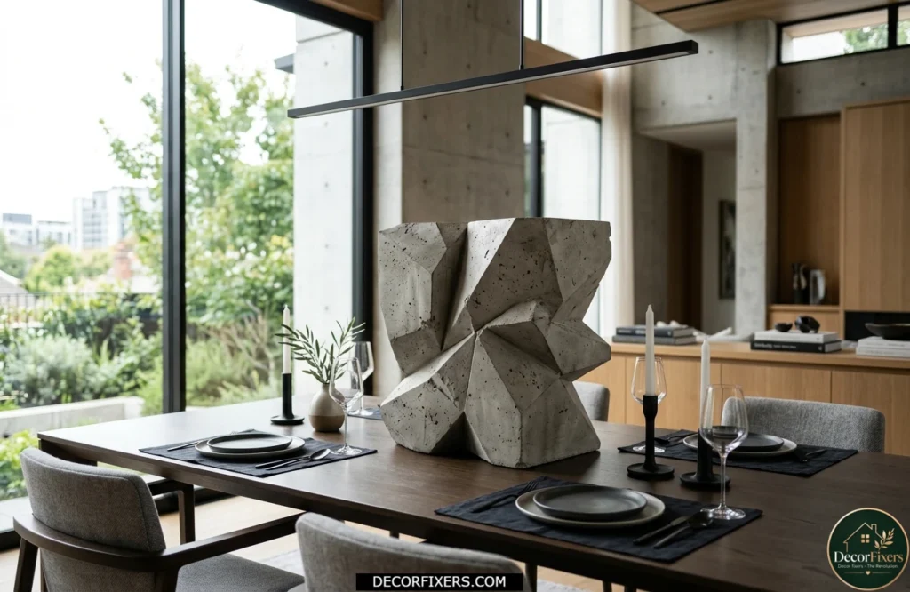 Abstract geometric sculpture used as a modern dining table centerpiece