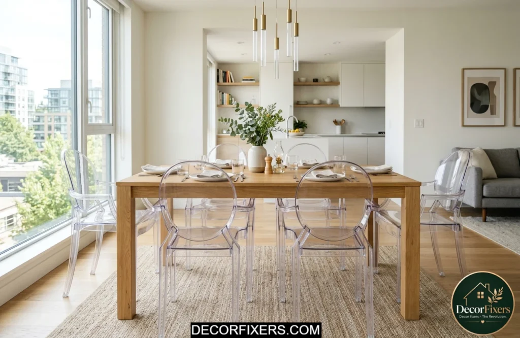 Tiny dining room ideas for apartments using transparent ghost chairs