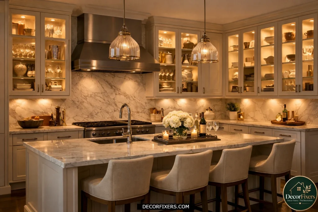 Elegant kitchen featuring illuminated glass-front cabinet doors