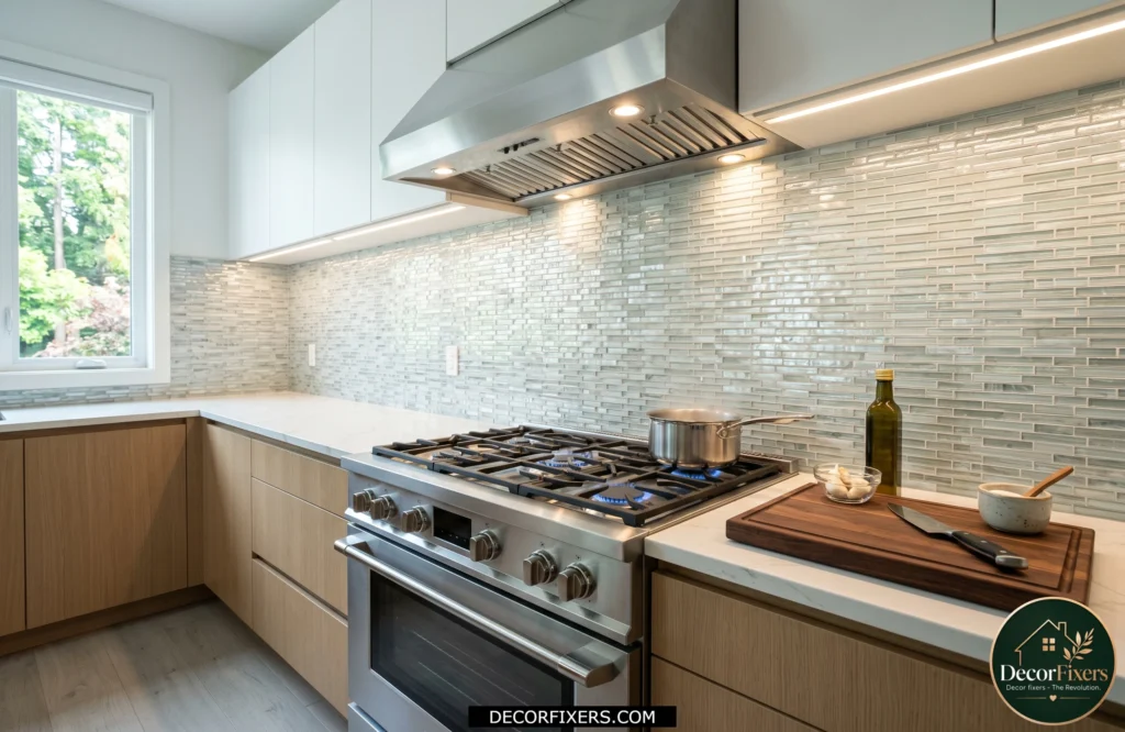 Reflective glass tile backsplash installed behind a modern kitchen cooktop.