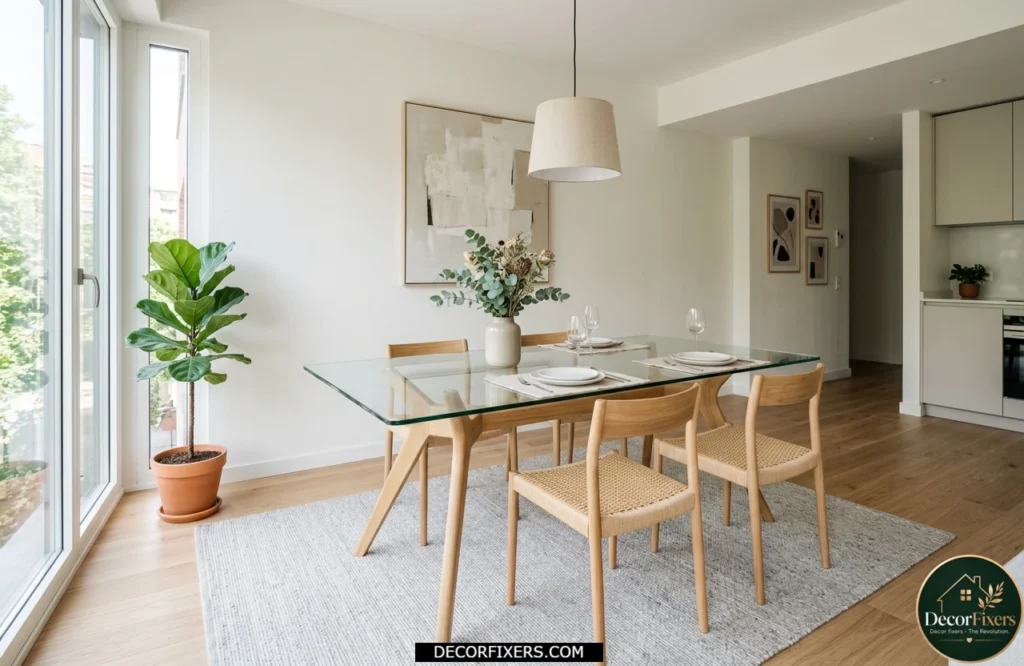 Glass-top rectangular dining table making a small dining room feel spacious