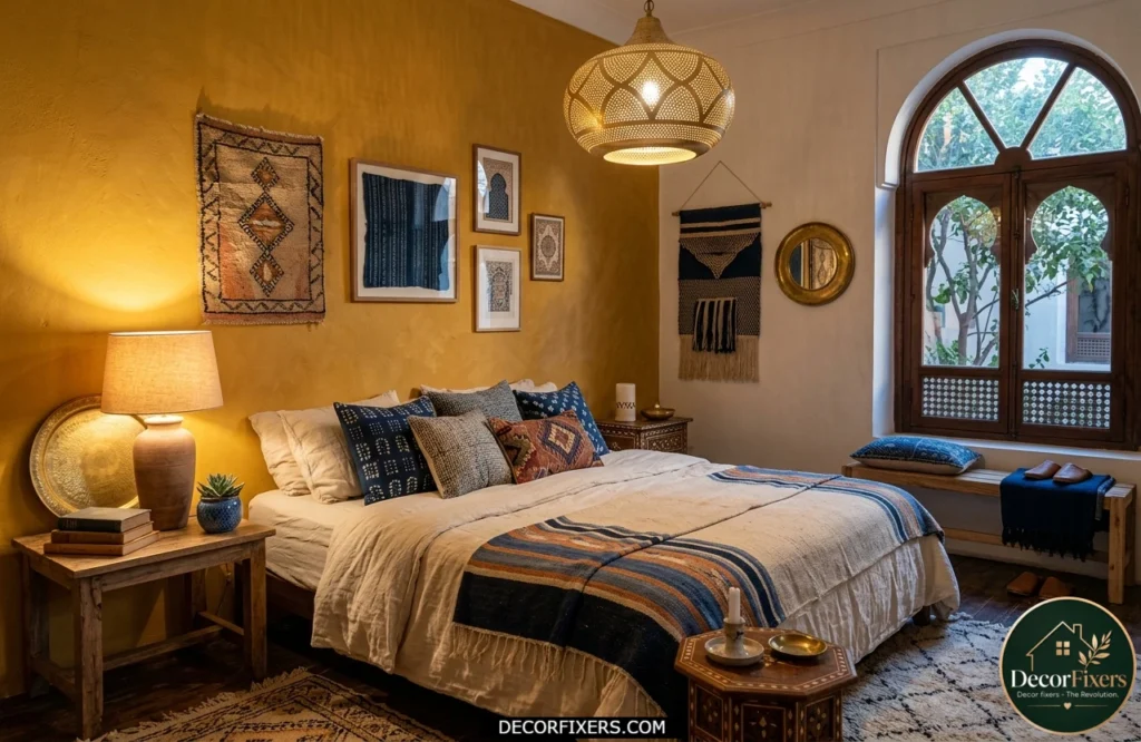 Golden ochre bedroom with earthy artistic tones and warm decorative accents.