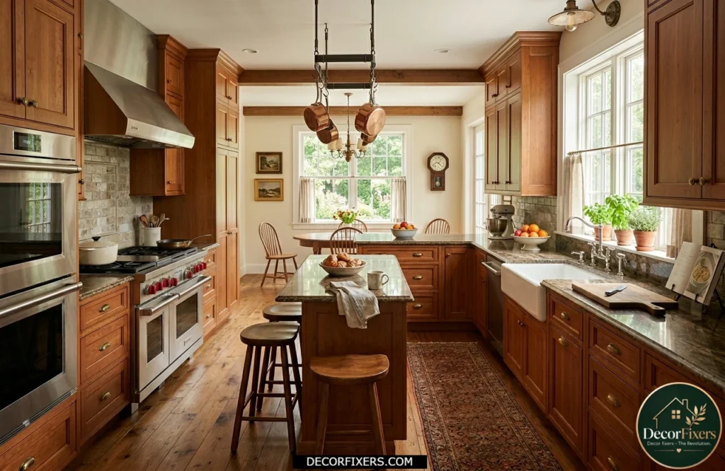 Traditional kitchen with polished granite countertops and warm wood cabinetry