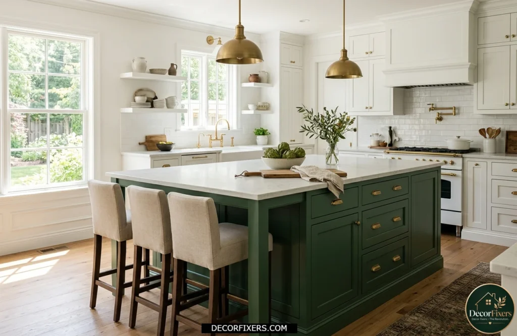 Forest green kitchen island with brass hardware in a timeless modern kitchen.