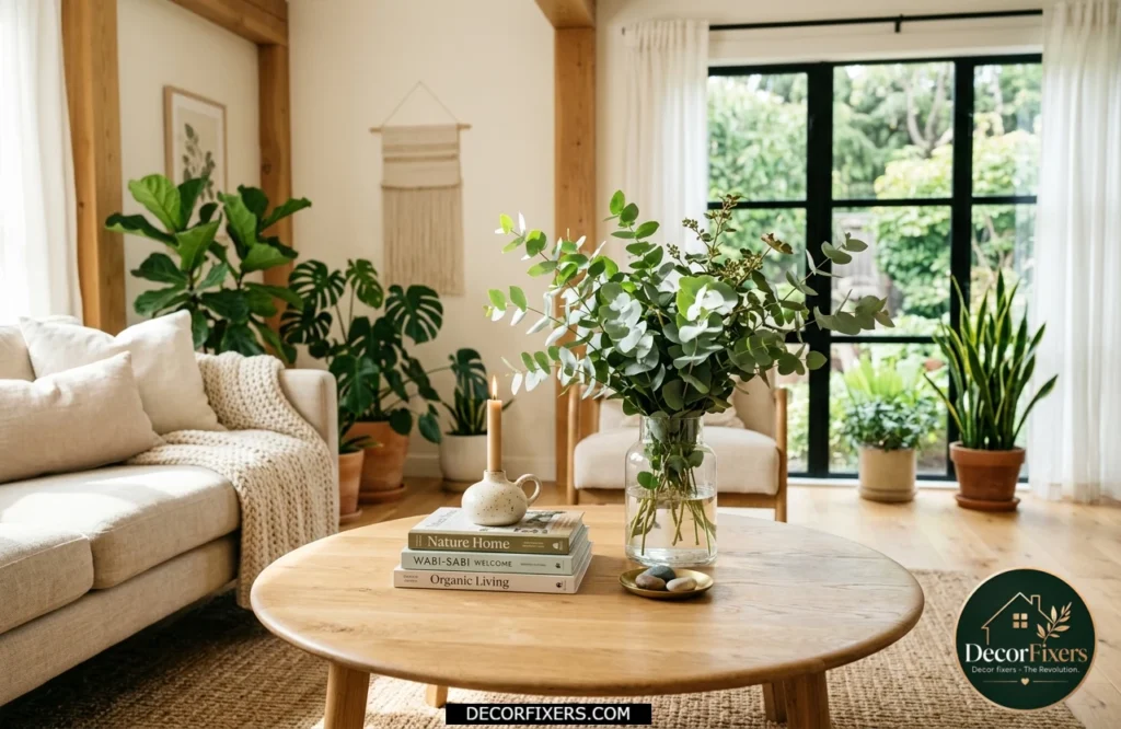Round coffee table decorated with fresh greenery in a vase for a natural organic look.