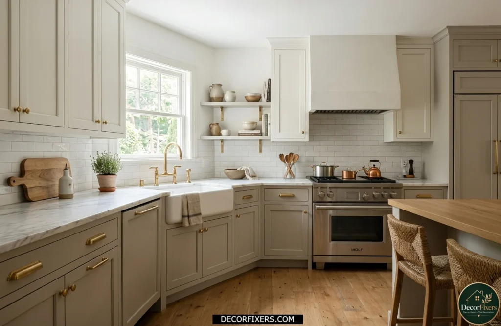 Greige lower cabinets with warm white upper cabinets creating a cozy and inviting kitchen design