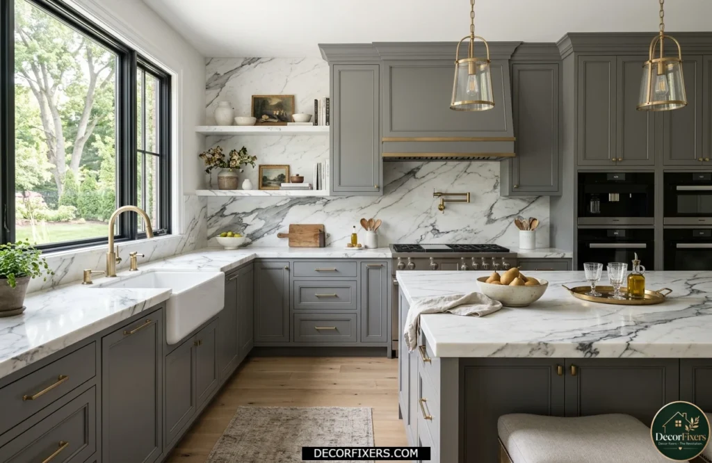 Grey kitchen cabinets paired with luxurious white marble countertops and brass fixtures