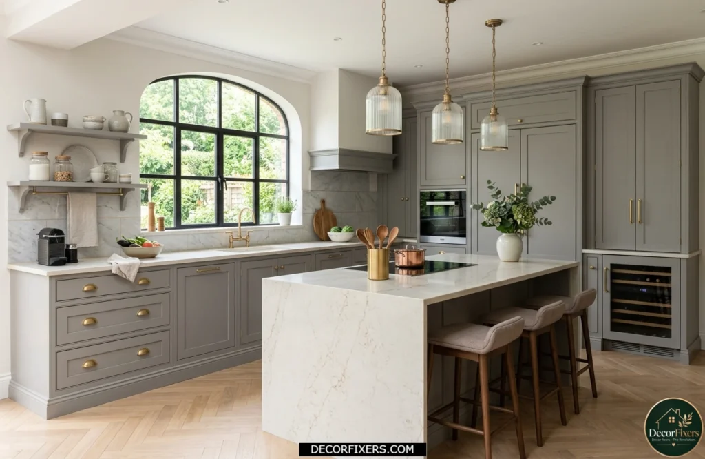 Grey kitchen cabinets featuring satin brass hardware and warm metallic accents