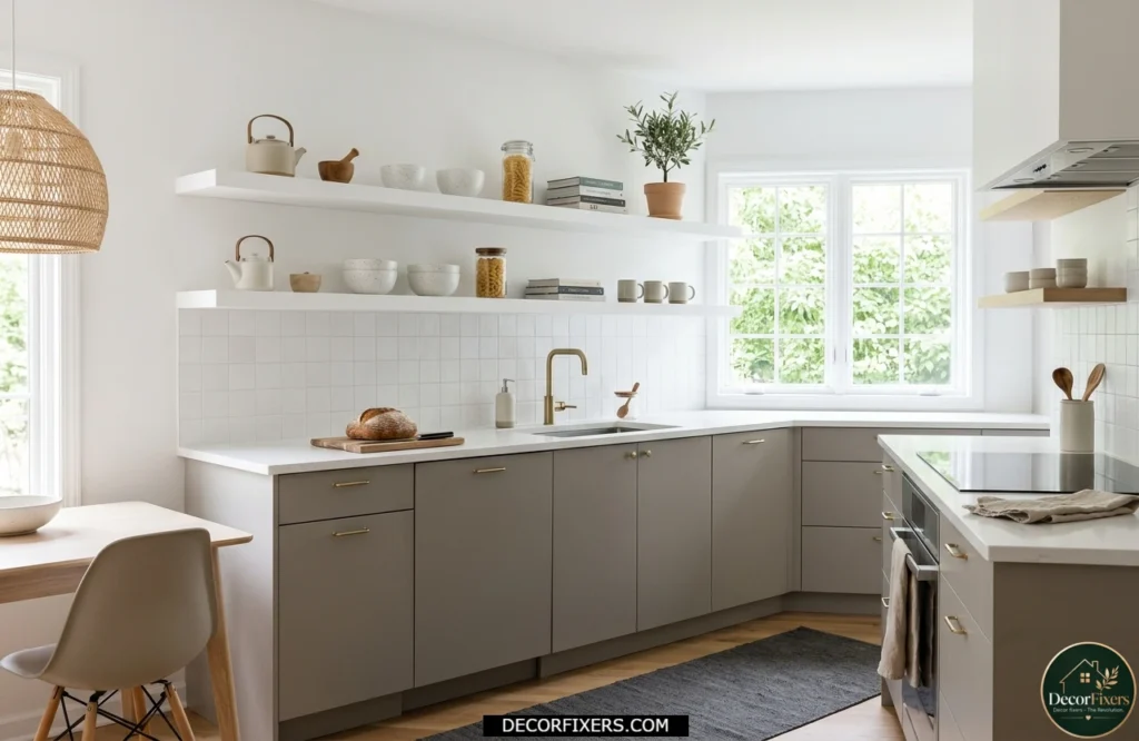 Grey lower cabinets with open white shelving in an airy and spacious kitchen