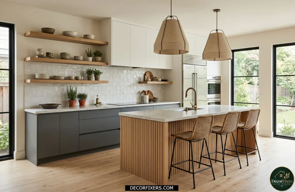 Grey and white kitchen cabinets with natural wood accents and floating shelves