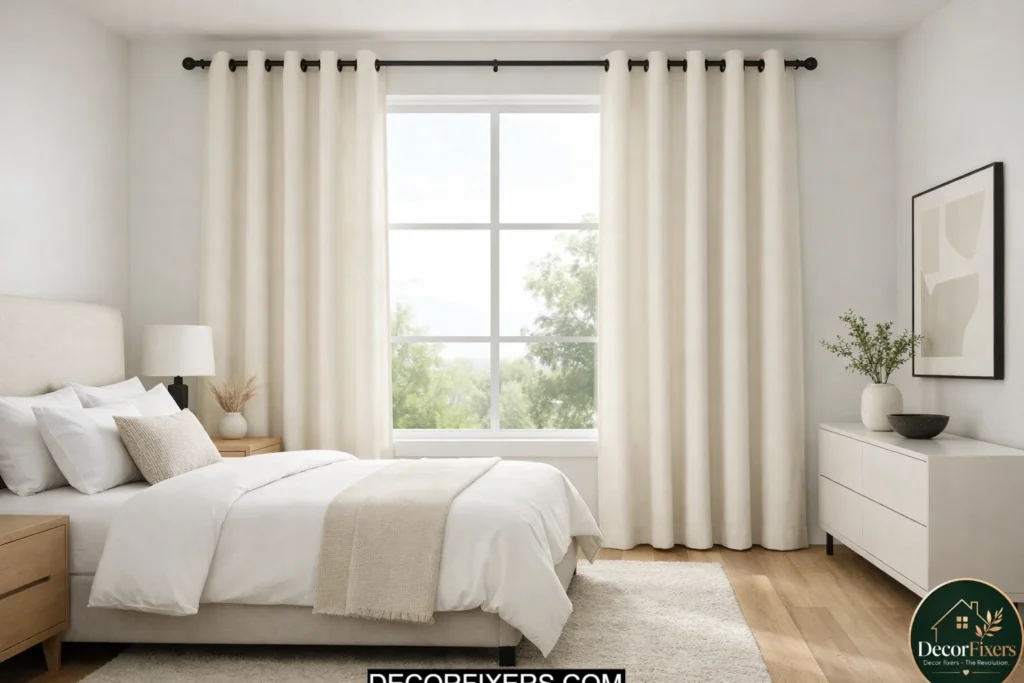Cream grommet top curtains in a clean modern minimalist bedroom