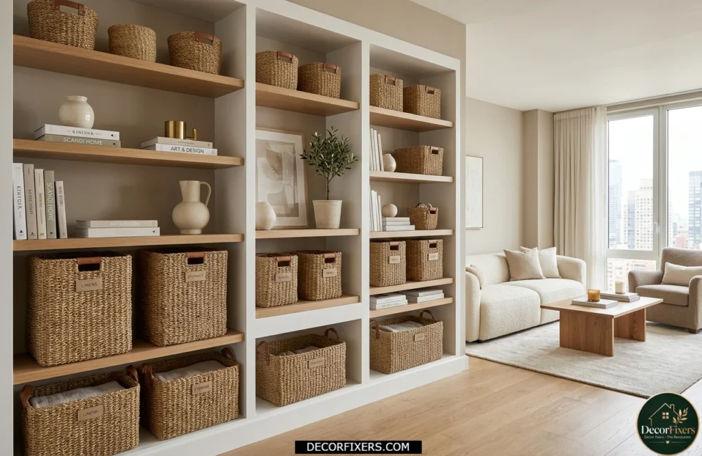 Matching baskets and bins creating a cohesive and clutter-free storage system