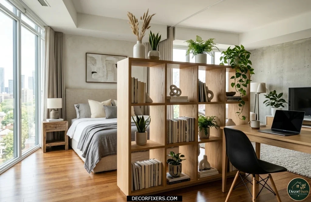Half-wall shelving divider creating separation without blocking light