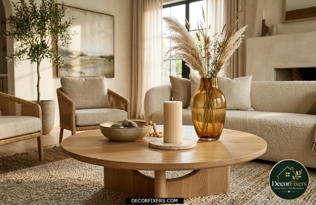 Round coffee table displaying tall, medium, and low decor elements to create visual depth.