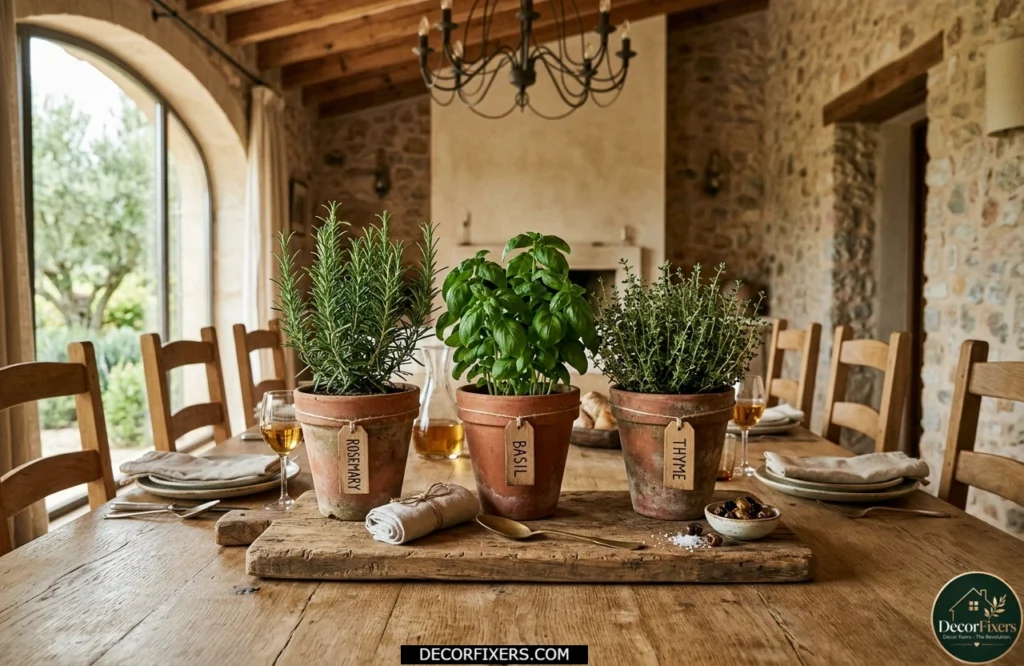 Rosemary, basil and thyme herbs in terracotta pots as a dining table centerpiece