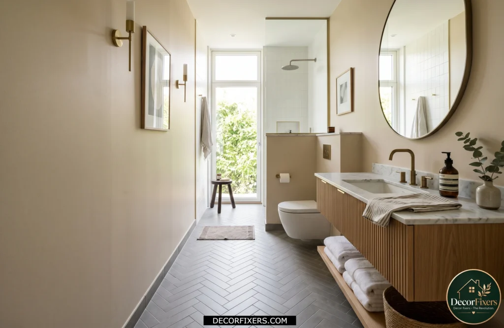 Herringbone-pattern bathroom floor tile creating visual depth and length in a narrow bathroom.