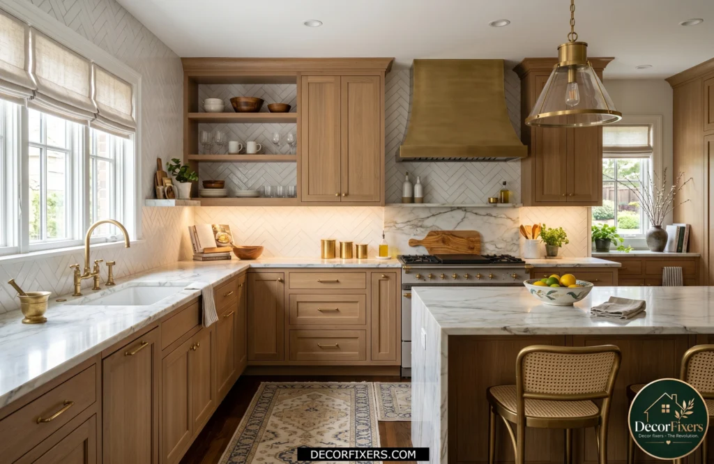 White herringbone tile backsplash creating visual interest in an elegant kitchen.