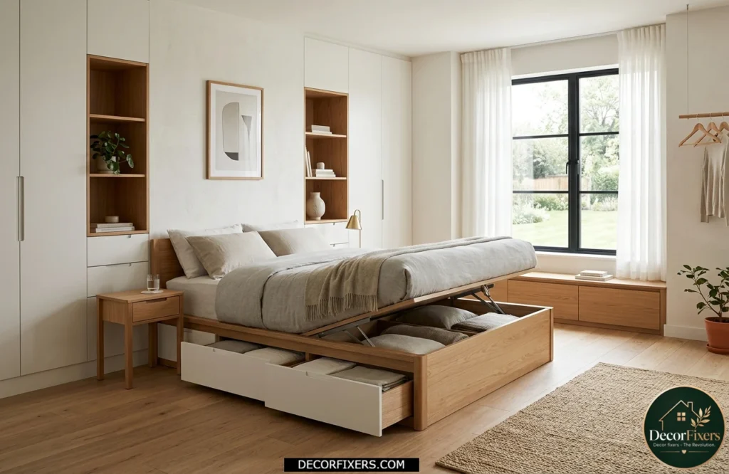 Scandinavian bedroom with hidden storage furniture and a clean clutter-free design.