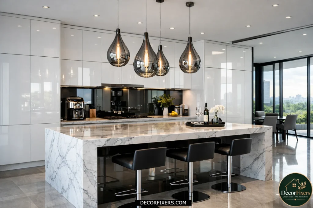 Luxury kitchen with reflective high-gloss lacquer cabinet finish