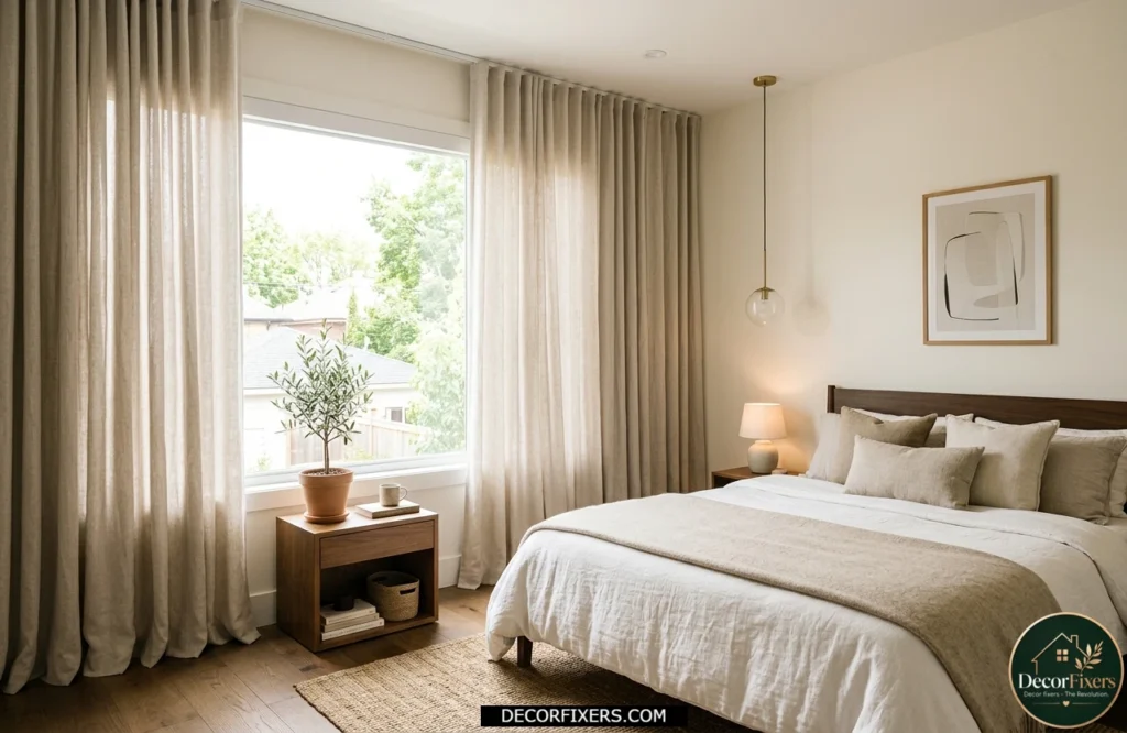 Small bedroom with floor-length curtains hung high to make the room feel taller.