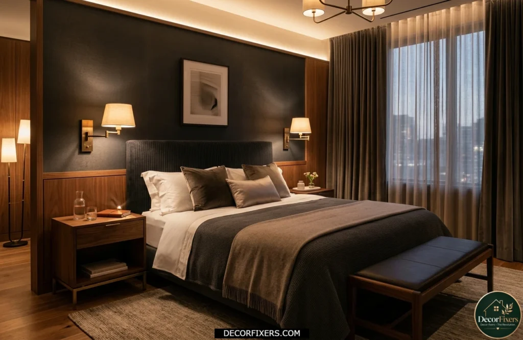 Wall sconces creating a luxury hotel-style bedroom lighting design