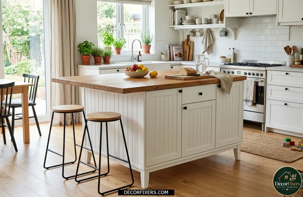 DIY IKEA SEKTION kitchen island with butcher block countertop, beadboard panels, and custom furniture-style details.